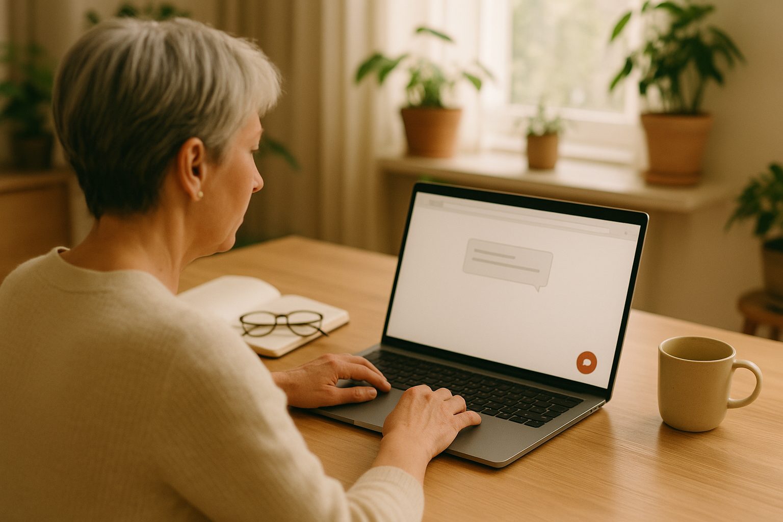 An expert at her desk, her website open on a laptop with an Ask-me chat button in the corner